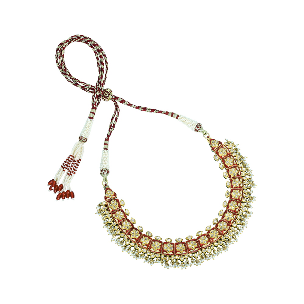 Red Enamel Polki Necklace with Floral Motifs and Cheed Pearls